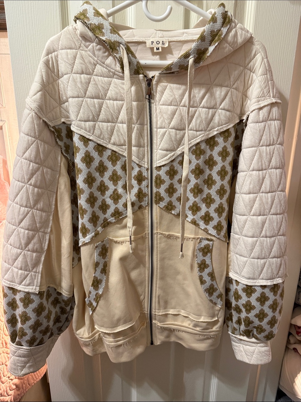POL Cream Quilted & Olive Patterned Hooded Zip Bomber Jacket